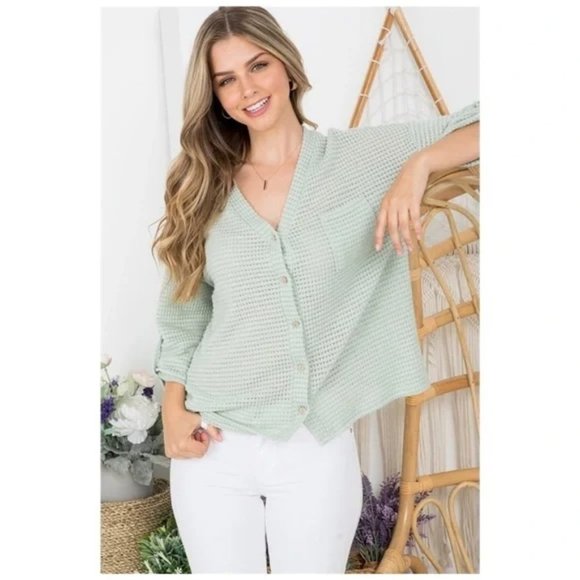 NWT Boutique Sage green button down knit tops - Picture 1 of 6